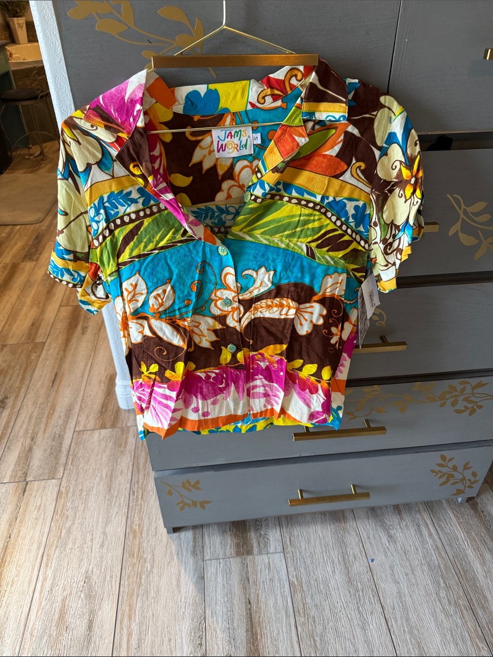 Jams World Vibrant Floral Patchwork Button-Down in Turquoise, Pink & Brown